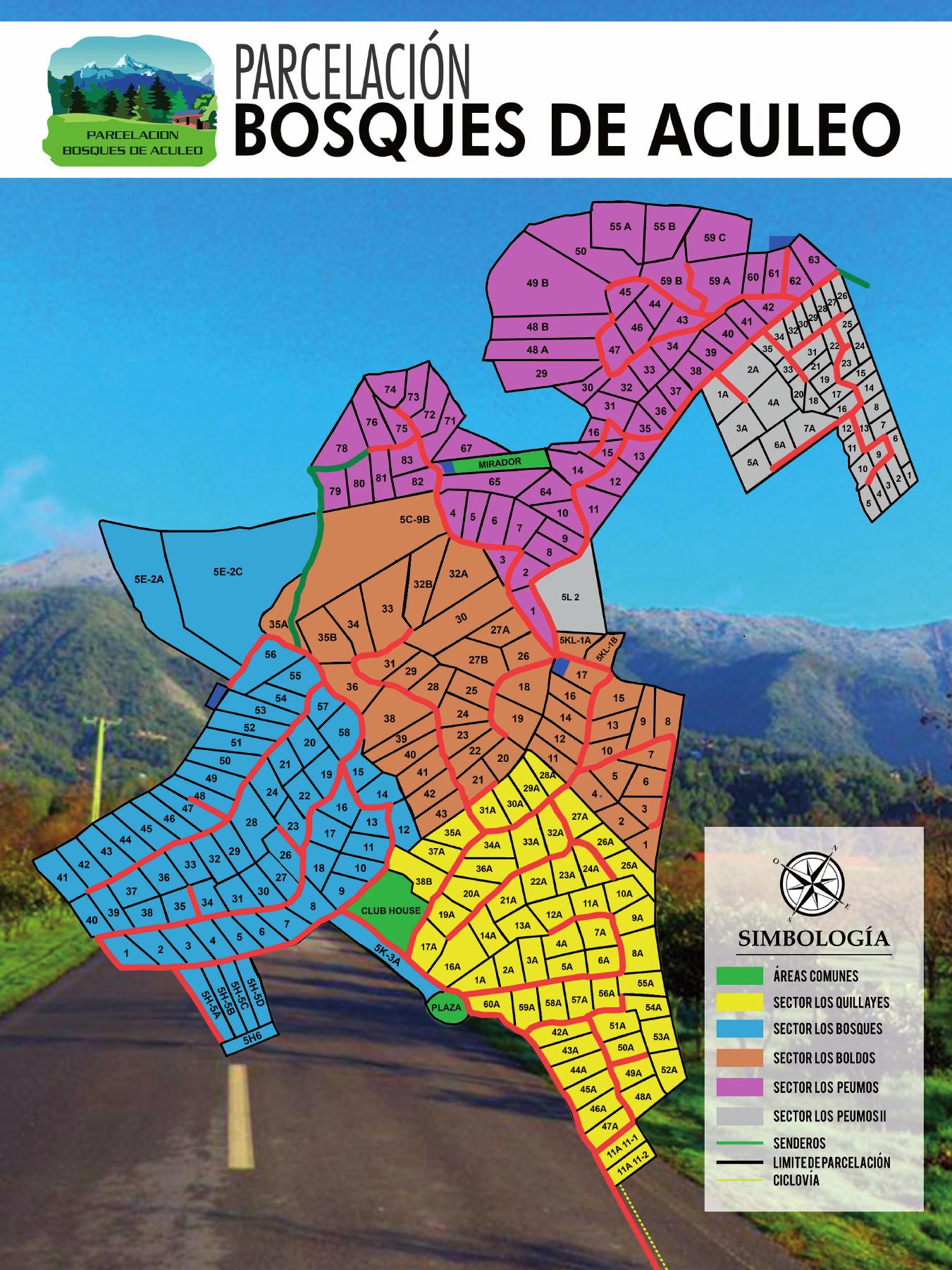 Croquis oficial de la Parcelación Bosques de Aculeo con sectores y caminos identificados